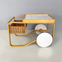 Pamono Modern Finnish Wood, Wicker Cart Tea Trolley 900 attributed to Alvar Aalto for Artek, 1970s Clearance