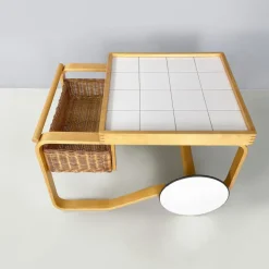 Pamono Modern Finnish Wood, Wicker Cart Tea Trolley 900 attributed to Alvar Aalto for Artek, 1970s Clearance