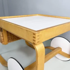 Pamono Modern Finnish Wood, Wicker Cart Tea Trolley 900 attributed to Alvar Aalto for Artek, 1970s Clearance