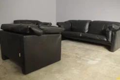 Pamono Moroso Sofa & Armchairs in Black Leather, 1984, Set of 3 Sale