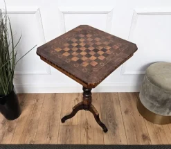 Pamono Neoclassical Italian Walnut Inlay Tripod Game Table, 1950s New