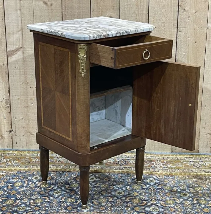 Pamono Nightstand in Marquetry and White Marble, Early 20th Century Sale