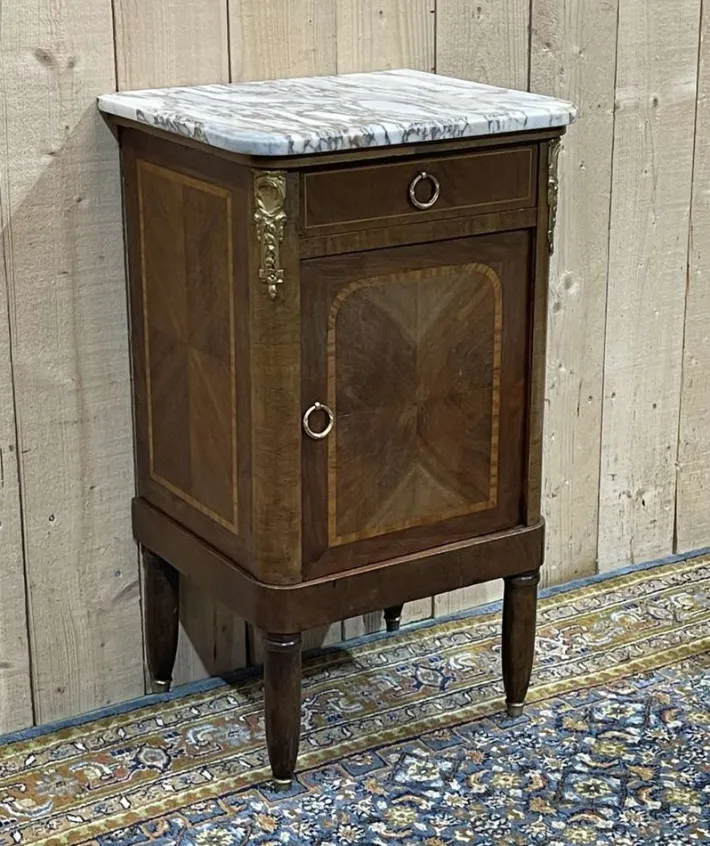 Pamono Nightstand in Marquetry and White Marble, Early 20th Century Sale