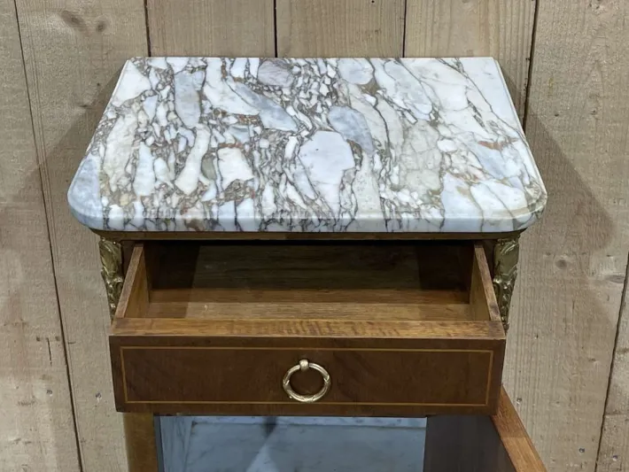 Pamono Nightstand in Marquetry and White Marble, Early 20th Century Sale