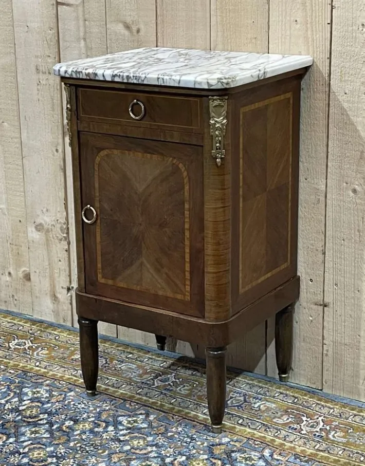 Pamono Nightstand in Marquetry and White Marble, Early 20th Century Sale