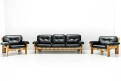 Pamono Oak and Leather Africa Armchairs and Sofa by Esko Pajamies for Asko Oy, 1970s, Set of 3
