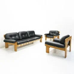 Pamono Oak and Leather Africa Armchairs and Sofa by Esko Pajamies for Asko Oy, 1970s, Set of 3
