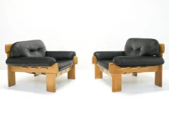 Pamono Oak and Leather Africa Armchairs and Sofa by Esko Pajamies for Asko Oy, 1970s, Set of 3