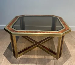 Pamono Octagonal Burl Walnut and Brass Coffee Table, 1970s Discount