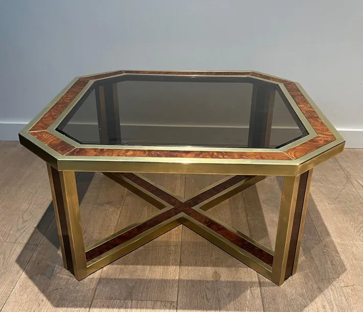 Pamono Octagonal Burl Walnut and Brass Coffee Table, 1970s Discount
