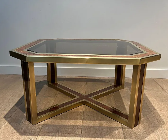 Pamono Octagonal Burl Walnut and Brass Coffee Table, 1970s Discount