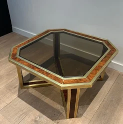 Pamono Octagonal Burl Walnut and Brass Coffee Table, 1970s Discount