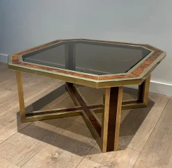 Pamono Octagonal Burl Walnut and Brass Coffee Table, 1970s Discount