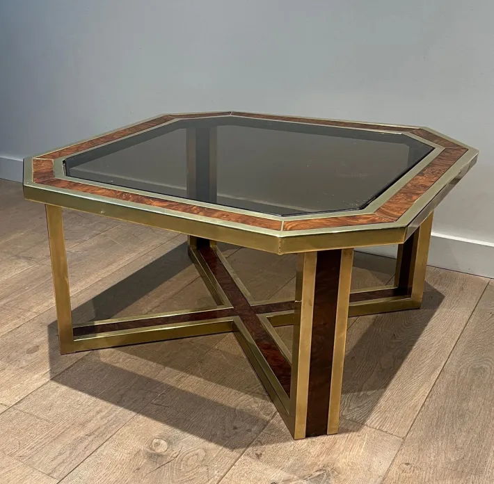 Pamono Octagonal Burl Walnut and Brass Coffee Table, 1970s Discount