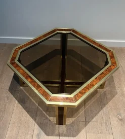 Pamono Octagonal Burl Walnut and Brass Coffee Table, 1970s Discount