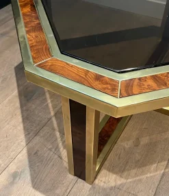 Pamono Octagonal Burl Walnut and Brass Coffee Table, 1970s Discount