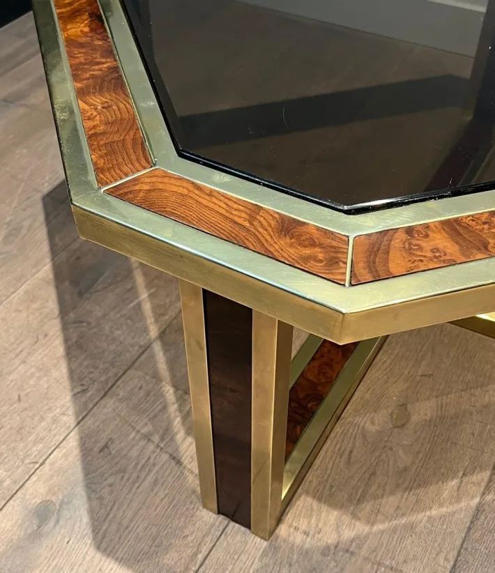 Pamono Octagonal Burl Walnut and Brass Coffee Table, 1970s Discount