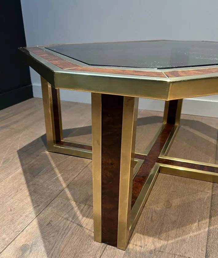 Pamono Octagonal Burl Walnut and Brass Coffee Table, 1970s Discount