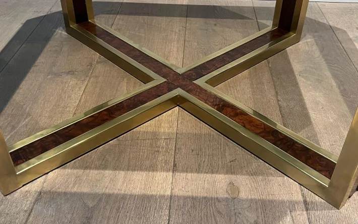 Pamono Octagonal Burl Walnut and Brass Coffee Table, 1970s Discount
