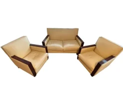 Pamono Original Art Deco Leather Sofa and Amrchairs, 1930s, Set of 3 Best