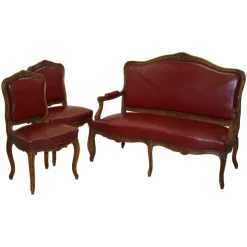 Pamono Oxblood Leather French Salon Armchairs & Sofa, Set of 3