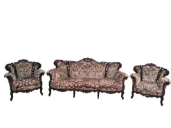 Pamono Piedmontese Baroque Style Sofa and Armchairs in Hand-Carved Wood and Damask Velvet, 1950s, Set of 3 Hot