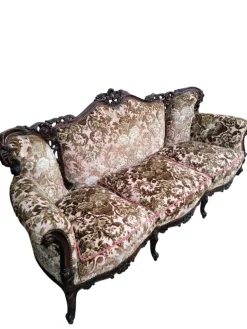 Pamono Piedmontese Baroque Style Sofa and Armchairs in Hand-Carved Wood and Damask Velvet, 1950s, Set of 3 Hot