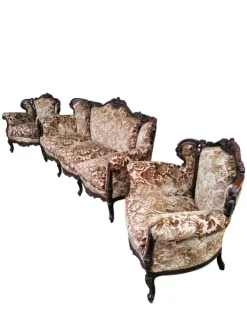 Pamono Piedmontese Baroque Style Sofa and Armchairs in Hand-Carved Wood and Damask Velvet, 1950s, Set of 3 Hot