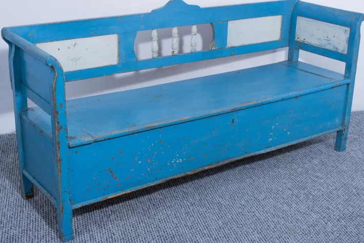 Pamono Pine Box Bench in Blue and White Color, 1910 Hot