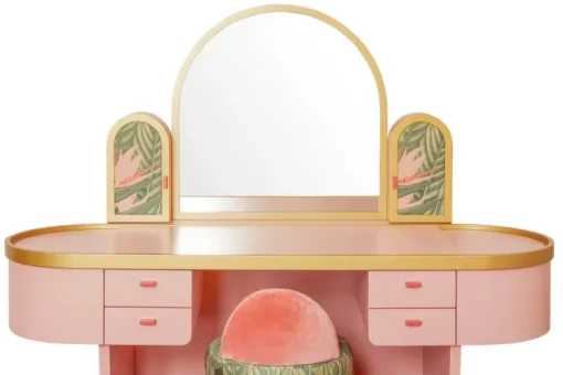 Pamono Pink Bedroom Vanity with Velvet Pouf, Set of 2