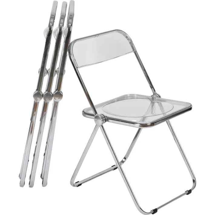 Pamono Plia Folding Chairs in Chrome and Clear Acrylic Glass attributed to Anonima Castelli, Italy, 1970s, Set of 4 New