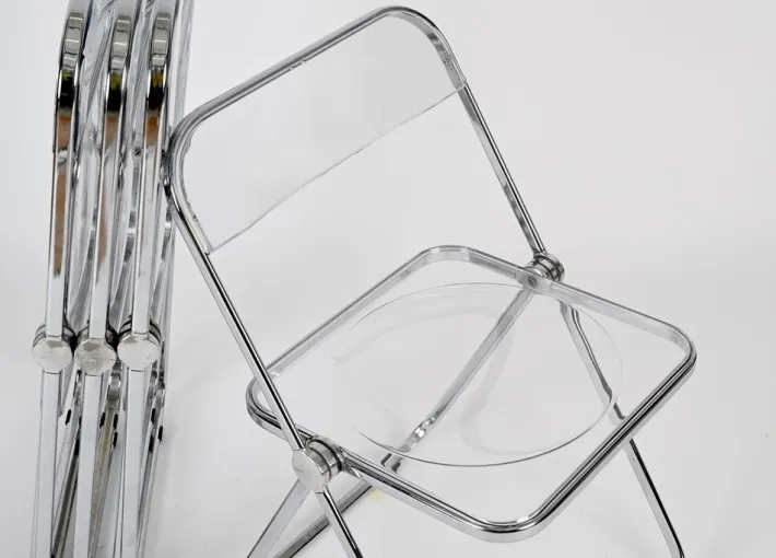 Pamono Plia Folding Chairs in Chrome and Clear Acrylic Glass attributed to Anonima Castelli, Italy, 1970s, Set of 4 New