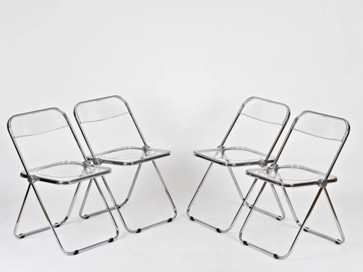 Pamono Plia Folding Chairs in Chrome and Clear Acrylic Glass attributed to Anonima Castelli, Italy, 1970s, Set of 4 New
