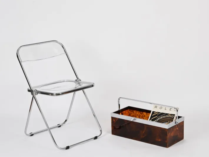 Pamono Plia Folding Chairs in Chrome and Clear Acrylic Glass attributed to Anonima Castelli, Italy, 1970s, Set of 4 New