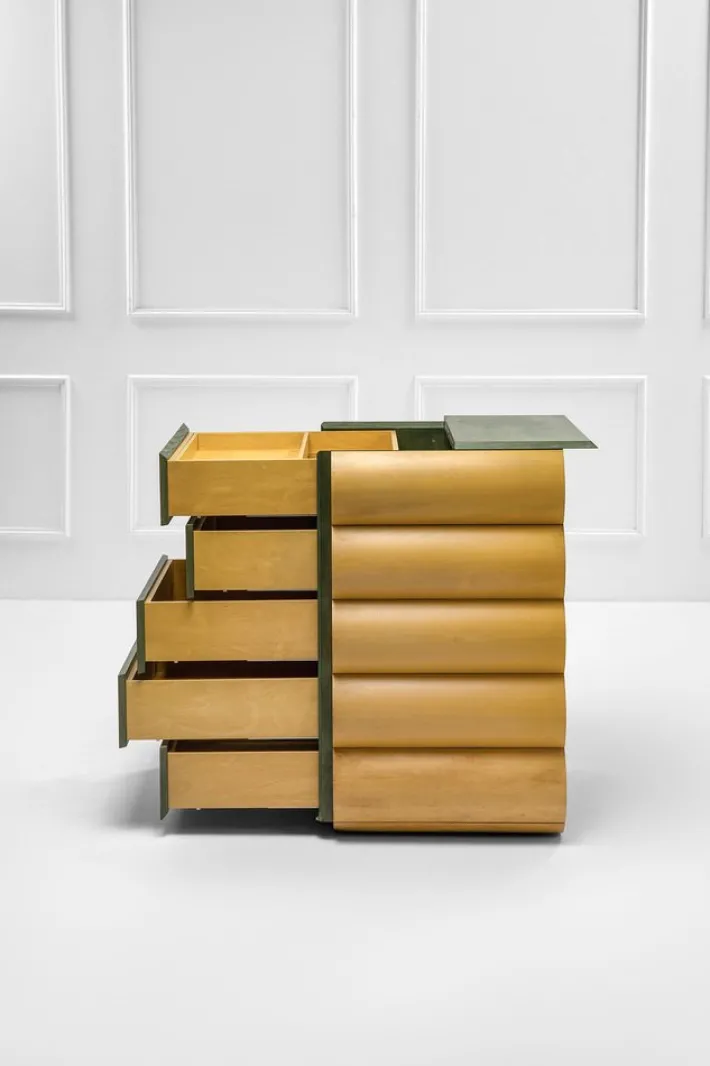 Pamono Postmodern Architectural Chest of Drawers in Natural Wood and Aniline-Stained Wood, 1980s Outlet