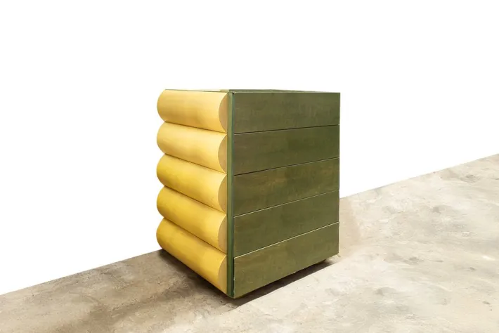 Pamono Postmodern Architectural Chest of Drawers in Natural Wood and Aniline-Stained Wood, 1980s Outlet