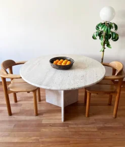 Pamono Postmodern Cream Off White Round Travertine Dining Table with Pedestal Base, 1970s Clearance