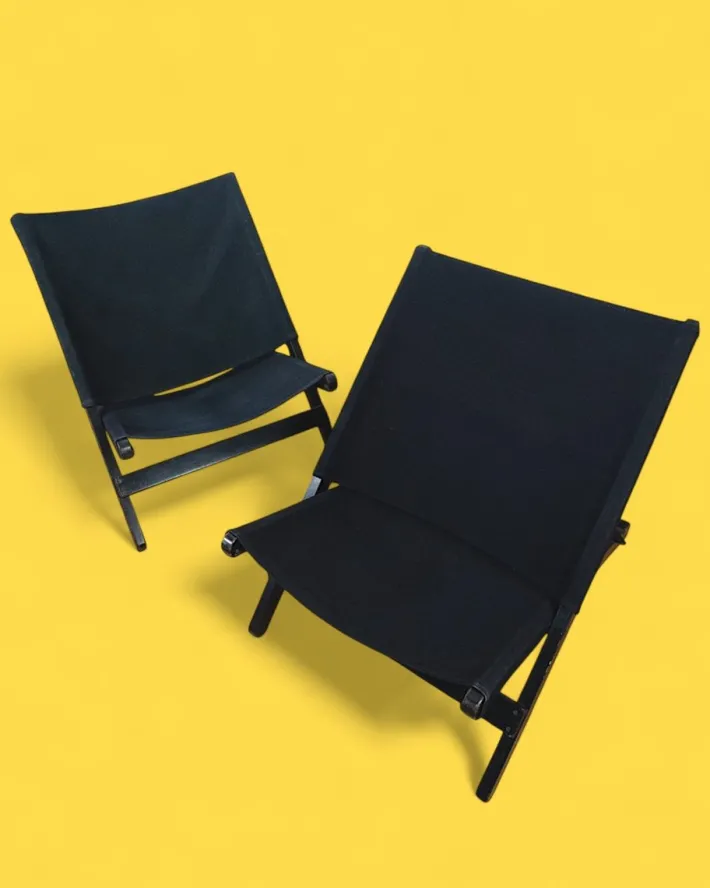 Pamono Postmodern Hestra Folding Lounge Chairs in Black Canvas attributed to Tord Bjorklund for Ikea, 1991, Set of 2 Online