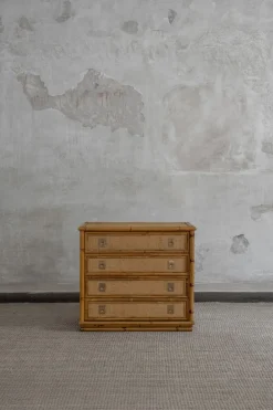 Pamono Rattan and Brass Chest of Drawers by Dal Vera, 1970s Sale