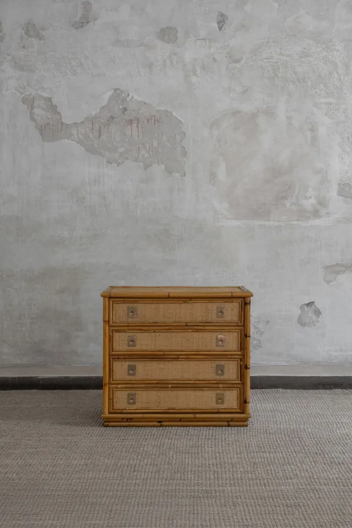 Pamono Rattan and Brass Chest of Drawers by Dal Vera, 1970s Sale