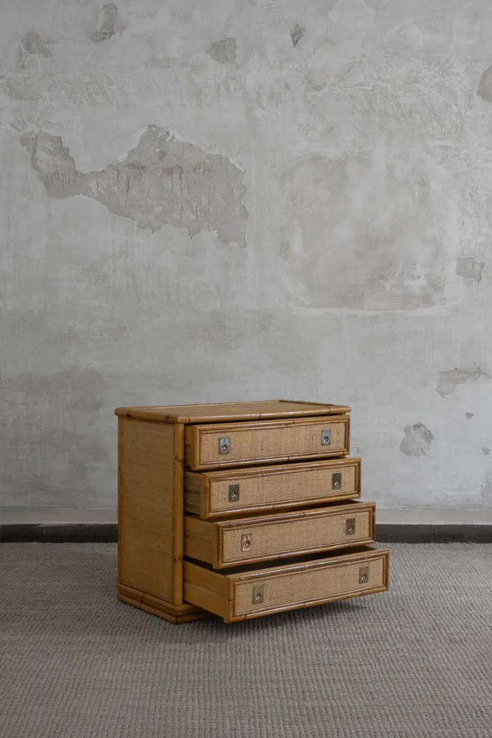 Pamono Rattan and Brass Chest of Drawers by Dal Vera, 1970s Sale