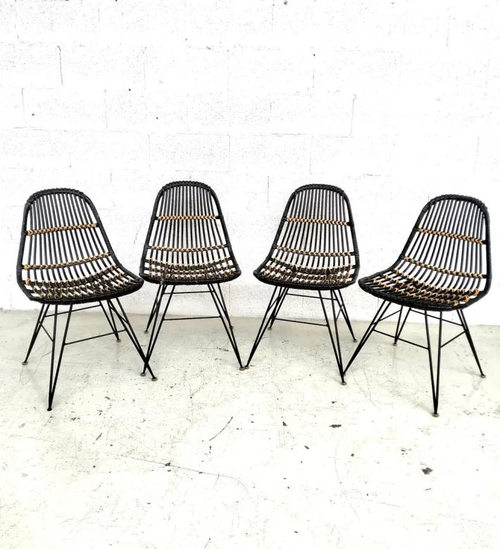 Pamono Rattan and Metal Chairs, 1960s, Set of 4