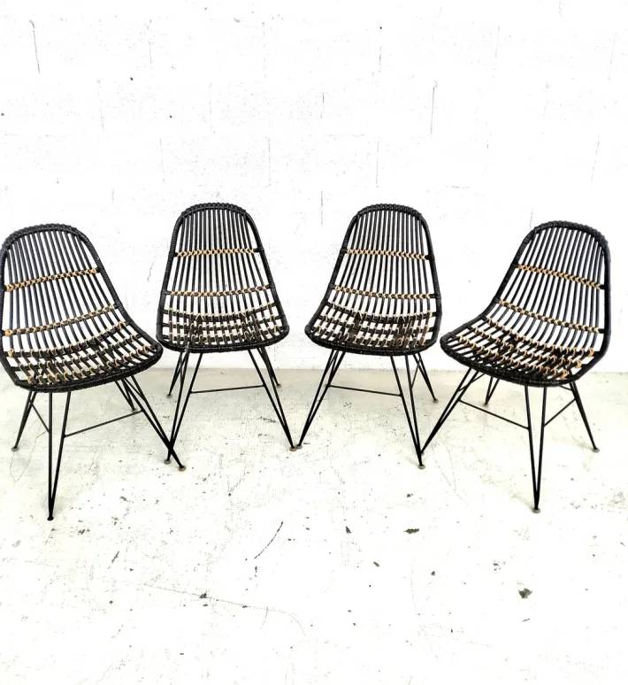 Pamono Rattan and Metal Chairs, 1960s, Set of 4