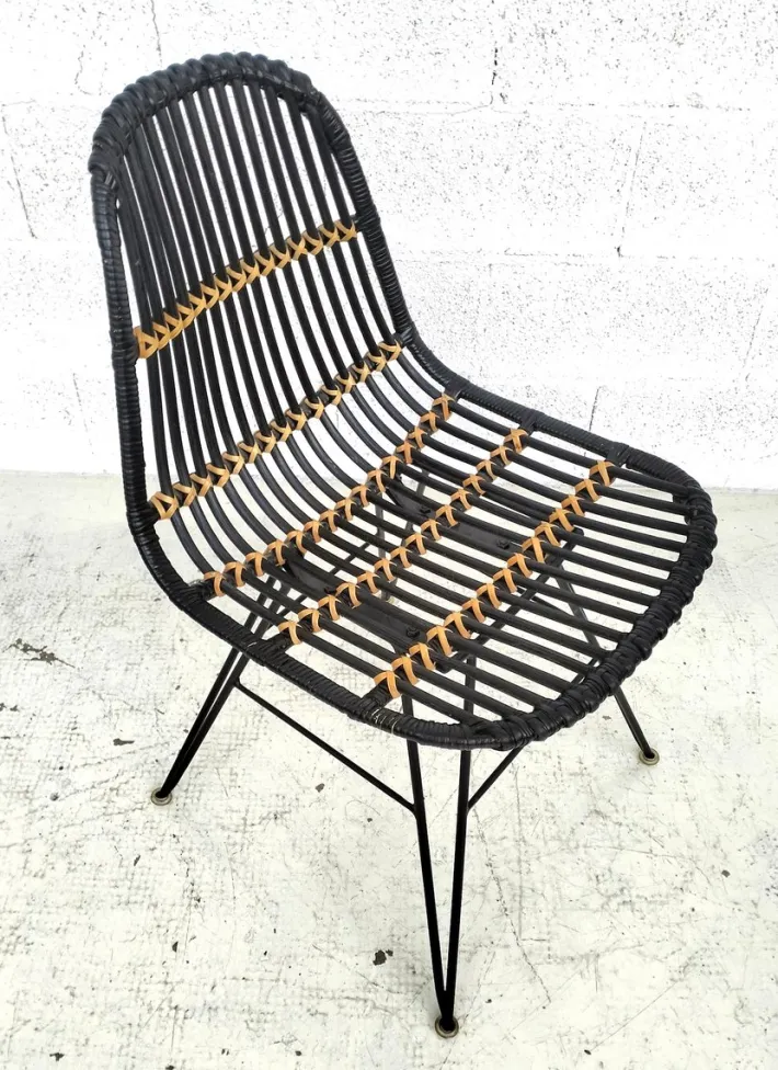 Pamono Rattan and Metal Chairs, 1960s, Set of 4