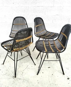 Pamono Rattan and Metal Chairs, 1960s, Set of 4