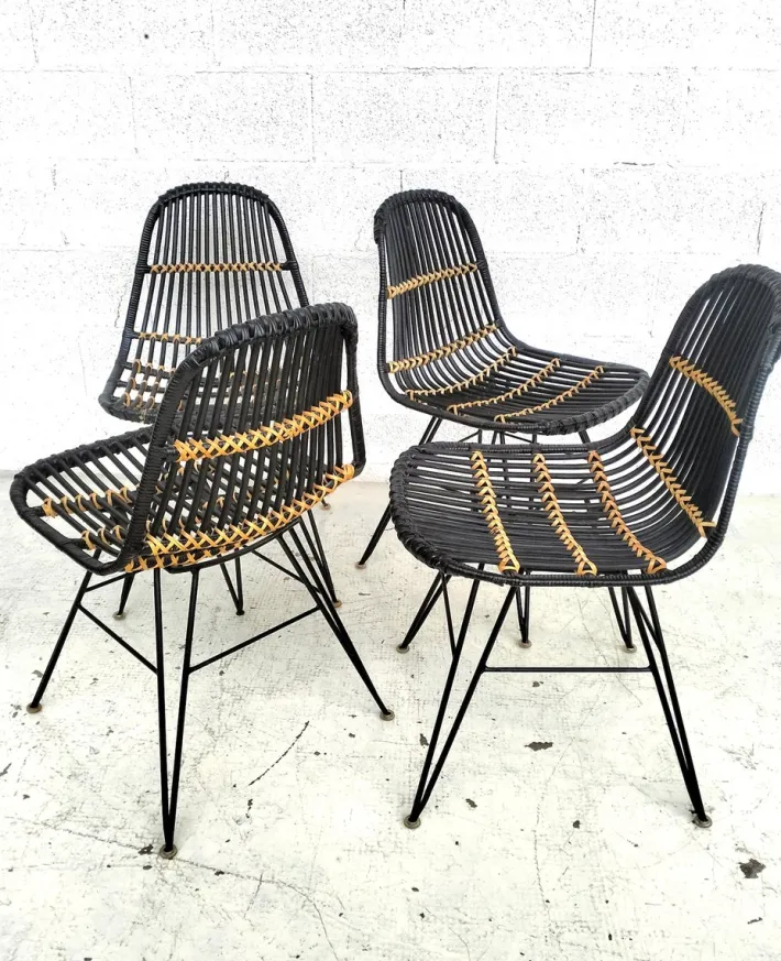 Pamono Rattan and Metal Chairs, 1960s, Set of 4