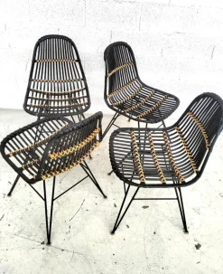Pamono Rattan and Metal Chairs, 1960s, Set of 4