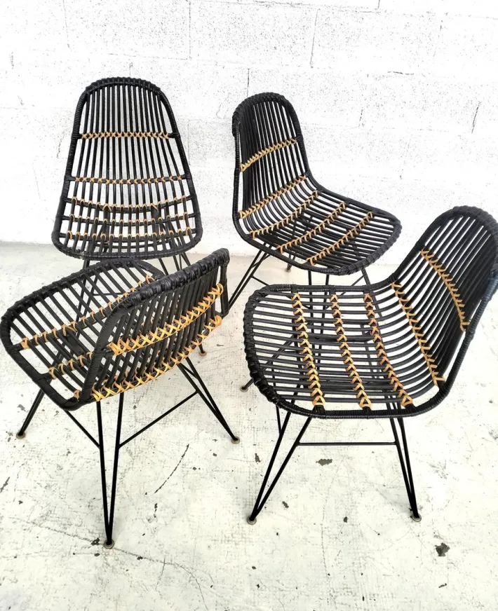 Pamono Rattan and Metal Chairs, 1960s, Set of 4