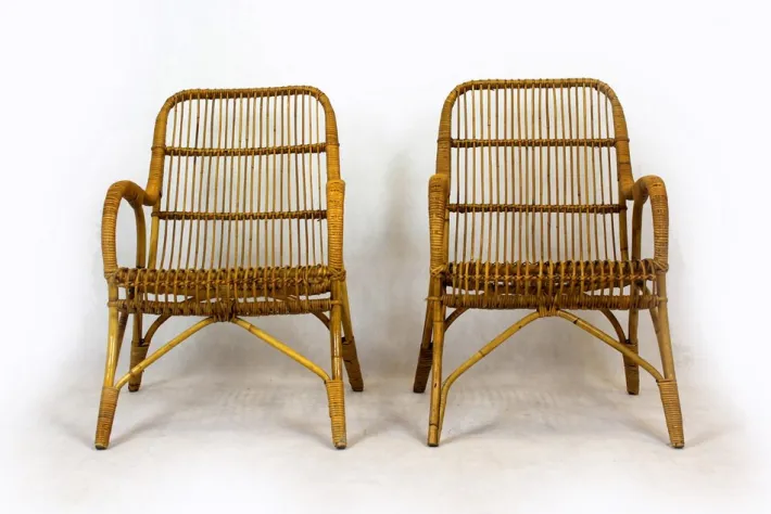 Pamono Rattan Armchairs, Table and Stool, 1960s, Set of 4 Best