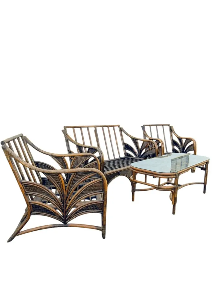 Pamono Rattan Reed Bamboo Sofa with Chairs and Table, 1970s, Set of 4 Online